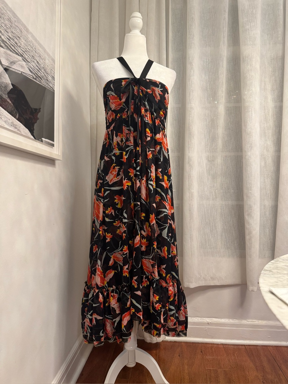 Pretty Diane Von Furstenberg Black Floral Silk Chiffon Halter Maxi Dress